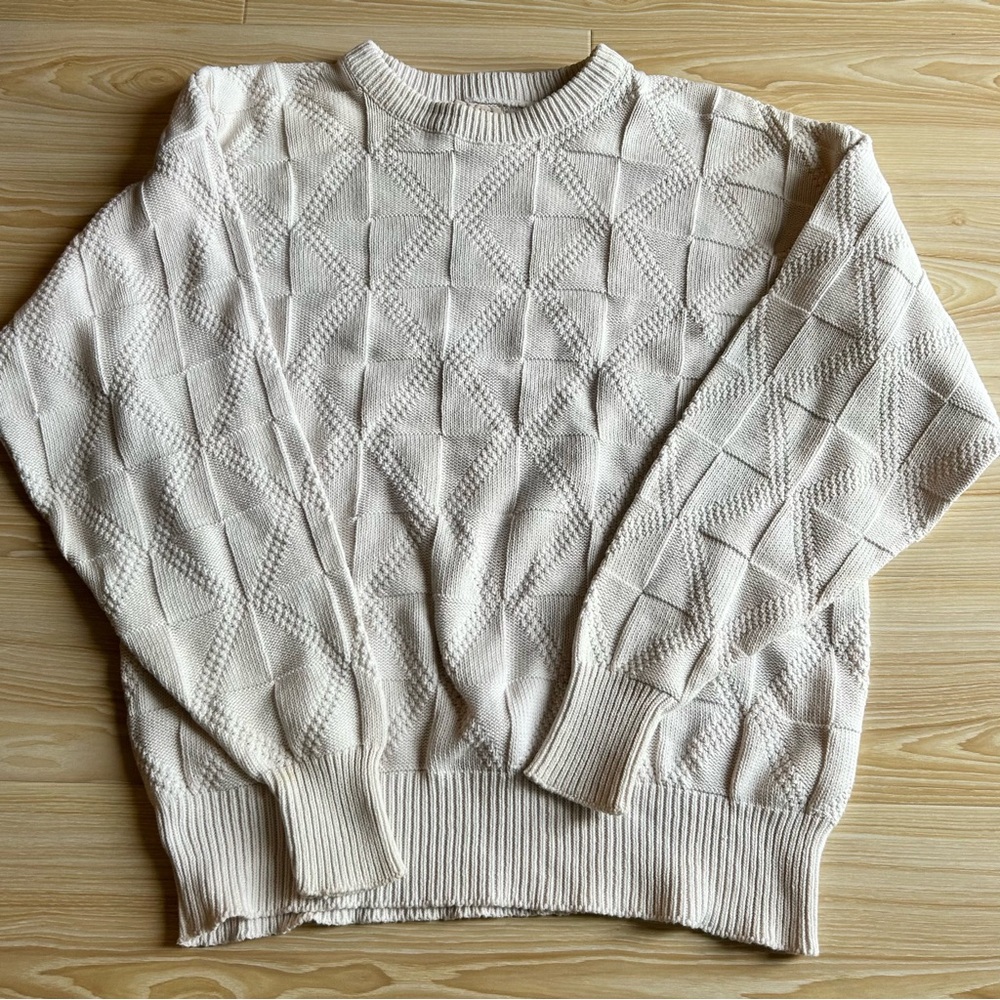Vintage 80S The Fox Collection Cream Diamond Knit Cotton Sweater Size Medium